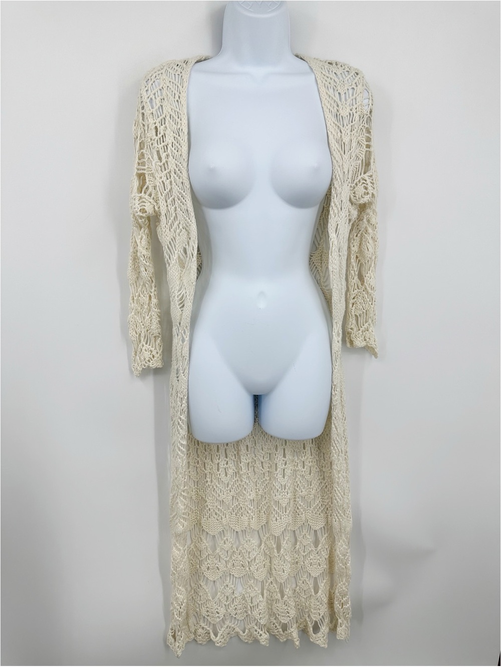 Open Knit Boho Cream Duster Sweater Cardigan Size Small Whimsical Fairycore